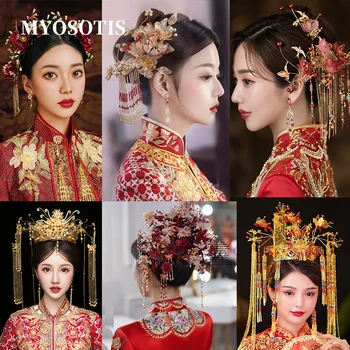 Çin Gelin Headdress Geleneksel Düğün Taç Saç Tarak Tokalar Seti Gelinler Kostüm Xıuhe saç aksesuarları
