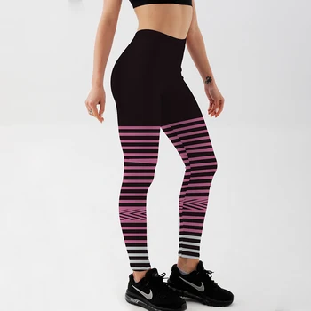 Qickitout Seksi Moda Pembe Şerit Baskılı Kadın Fitness Egzersiz Tayt kadın Siyah&Beyaz Ince Elastik Pantolon Artı boyutu