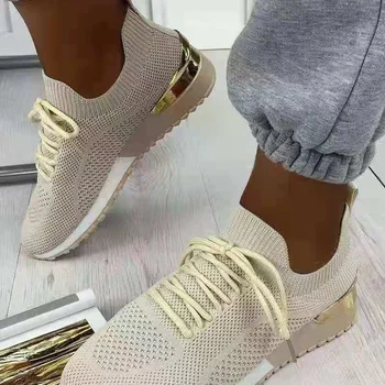 2021 Örgü Kadın Sneaker Ayakkabı Yaz Moda Nefes Çapraz Kravat Platformu Kadın Rahat spor ayakkabılar Lace Up 2021 Zapatos De Mujer