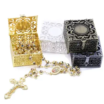 Tespih Boncuk kolye kutusu Metal Hıristiyan Katolik Dini Takı Saklama Kutusu
