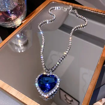 Büyük Kristal Kalp Kolye Kolye Kadınlar için Tam suni elmas zincir Yaka Titanic Kalp Okyanus Mavisi Kalp düğün takısı