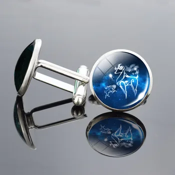 El yapımı Moda Basit Tasarım 12 Zodyak İşaretleri Kol Düğmeleri Burç Cam Cabochon Gümüş Kaplama Kol Düğmeleri Erkek Gömlek Aksesuarları
