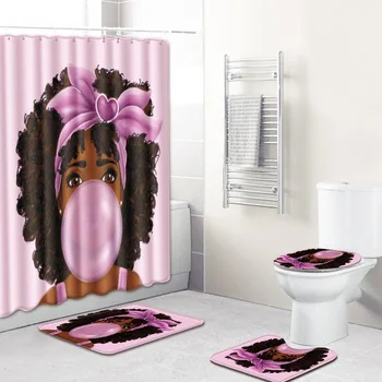 Büyük Halı Banyo Ayak Pedi Afrikalı Kadın Banyo Paspas ve Duş perde seti PVC Klozet Kapakları Ev Dekor 4 adet / takım 2 boyutları