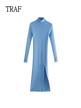 TRAF Mavi Uzun örme Elbiseler Kadın 2022 Sonbahar Düz Renk Uzun Kollu Bayan rahat elbise Kadın Zarif Yan Yarık Vintage Elbise