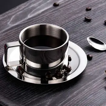 200 ml paslanmaz çelik Espresso kahve fincan tabağı kaşık seti 304 çift duvar ısı yalıtım süt kahve kupa Drinkware Dropshippin