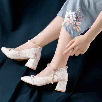 Çin Tarzı Retro tek ayakkabı Kadın Yüksek topuklu Cheongsam İnci Vintage ayakkabı Botları İşlemeli Qipao Hanfu Ayakkabı Sandalet