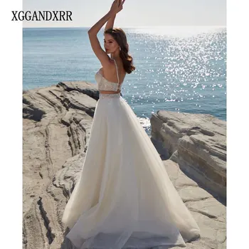 Romantik İki Adet düğün elbisesi 2023 gelin kıyafeti Sevgiliye Köpüklü Boncuk Spagetti Kayışı Uzun Gelin resmi giysi Gala