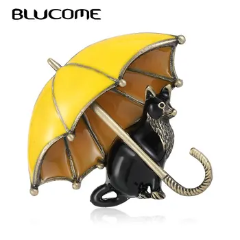 Blucome Emaye Siyah Kediler Şemsiye Şekli Broş Korsaj Antik Altın Renk Rahat Parti Canlı Hayvan Broş Pins Hediyeler Bijoux