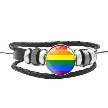 Yeni Gökkuşağı Eşcinsel Lezbiyen Pride Charm Bilezik Cam Deri Snap Düğmesi Bilezikler LGBT Eşcinsel Aşk Takı Aksesuarları