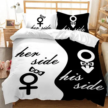 Siyah ve Beyaz nevresim takımı Çift Yorgan yatak örtüsü seti Mikrofiber Romantik Sembol Yorgan Kapağı Erkek Kız Genç Sevgililer Hediyeler