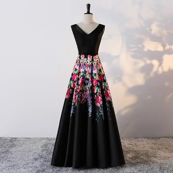 Siyah Saten Çiçek Baskı Abiye Uzun Yeni Zarif Straplez Özel Artı Boyutları gece elbisesi