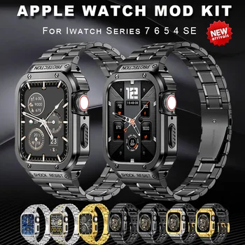 Metal Aksesuarları mod seti İçin apple saat bandı 45mm 44mm Paslanmaz Çelik Kayış+Kılıf iWatch Serisi 7 6 5 4 SE Kauçuk Bilezik