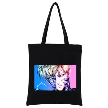Tek Yumruk Adam Saitama Anime Kullanımlık alışveriş çantası Kadın bez alışveriş çantası Baskı Eko Çanta Karikatür Alışveriş omuz çantaları Siyah