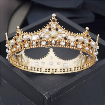 Barok Kraliyet Kraliçe Kral Diadem Kristal İnciler Tiaras Düğün Taç Saç Takı Baş Süsleri Balo Parti Aksesuarları