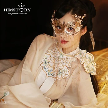 HIMSTORY Vintage Çin Perde Yüz Maskesi El Yapımı Altın Inci Uzun Zincir Inci Püskül Gelin Düğün Için Yüz Takı