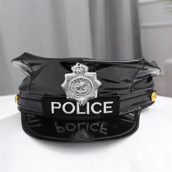 Rozet Sekizgen Deri polis şapkası Siyah Kaptan Düz Üst Sahne Performansı Askeri Kapaklar