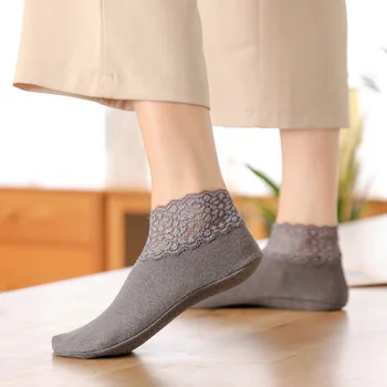 Kadınlar Düşük Dantel Tüp Termal Çorap Vintage Sevimli Kalın Artı Kadife Sıcak Ev Kat Çorap Sonbahar Kış kaymaz Çorap Terlik