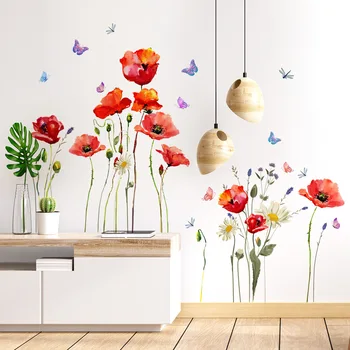 3 adet Renkli Çiçek Bitki Kelebek Duvar Sticker Arka Plan Duvar Oturma Odası Odası Dekorasyon Duvar Pvc Yaratıcı Duvar Sticker