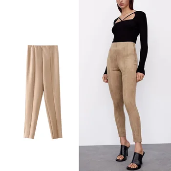 TRAF Kadın Pantolon 2023 Sonbahar Süet doku Tayt Kadınlar Yeni Moda Streetwear Vintage Deve Pantolon