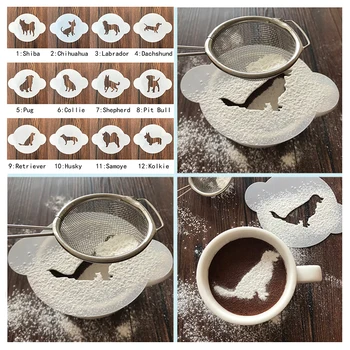 Hayvan 12 Adet Köpek Kahve Cappuccino Kakao tozu şablon kalıp Kek Kalıpları Kek Şablon Barista Uzerine Pad Duster Araçları