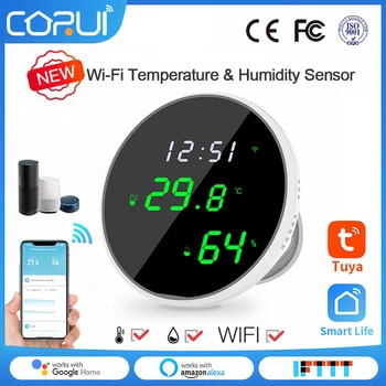 CoRui Tuya WiFi Akıllı Hava İstasyonu Kapalı Termometre Higrometre Sensörü LCD Ekran Alarmı Alexa Google Asistan SmartLife