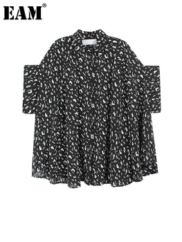 [EEM] Kadınlar Siyah Desen Baskılı Büyük Boy Bluz Yeni Yaka Yarım Kollu Gevşek Fit Gömlek Moda Gelgit Bahar Yaz 2023 1DE9808
