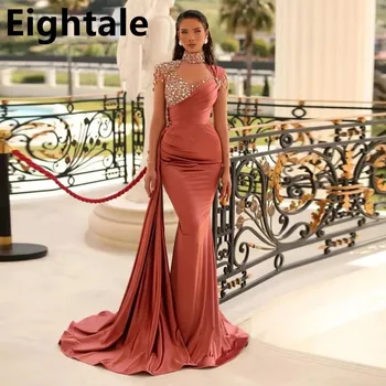 Eightale Mercan Akşam Elbise Düğün Parti için Uzun Kollu Boncuklu Kristaller Yüksek Boyun Pleats Saten Arapça Mermaid Balo Abiye