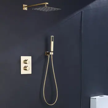Katı Pirinç Banyo Fırçalanmış Altın termostatik Duş Seti Duş Başlığı Duş Musluk Duvara Monte Duş Kolu Mikser Su Seti