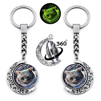 Aydınlık Cheshire Kedi Anahtarlık 360 Derece Rotasyon Ay Kolye Metal Anahtarlık çanta uğuru Tutucu Araba Anahtarlıklar Kızlar için Hediyeler