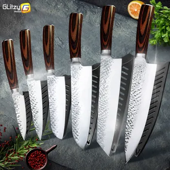 Mutfak Bıçağı Profesyonel Japon Şef 1-6 Adet Set 7CR17 Paslanmaz Çelik 8 İnç Tam Tang Et Cleaver Sebze Dilimleme Santoku