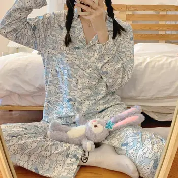 Kawaii Cinnamoroll Pijama Anime Sanrio Bahar Sonbahar Uzun Pantolon Tüm Maç Ev Giysileri Kız Pijama 2 Parça Set Loungewear
