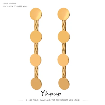 Yhpup Stainless Steel Round Dangle Earrings Statement Metal Golden Unusual Earrings for Women бижутерия для женщин Party Gift