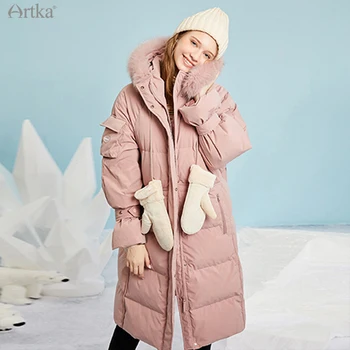 ARTKA 2020 Kış Yeni Kadın şişme ceket kadınlar Moda Rahat 4 Renk 90 % Beyaz Ördek uzun kaban Büyük Tilki Kürk Yaka Uzun Parka ZK22008D
