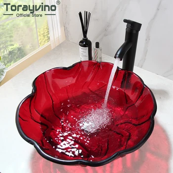 Torayvino Kırmızı Saydam Banyo Lavabo Cam Siyah Boyama Pirinç Mikser Musluklar Lavabo Banyo Havzası Evye Combo Kit Birleştirin
