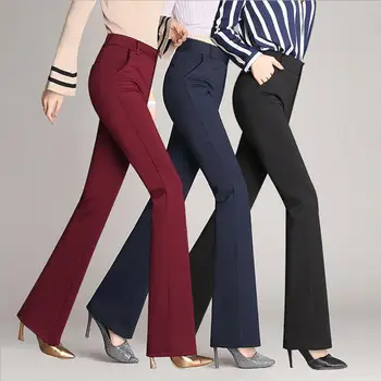 Kadınlar Uzun Streç Pantolon Cep Tasarım Düz Renk Ofis Bayan Yüksek Bel Flare Pantolon Resmi Uzun Streç Pantolon ropa mujer