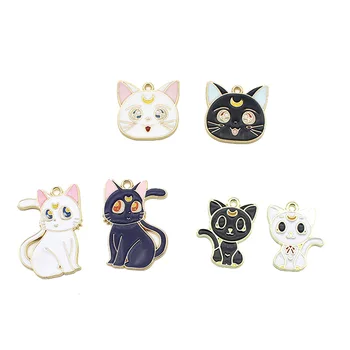 Sevimli Sailor Moon Luna kedi anahtarlık takı kolye kolye Dıy Aksesuarları 3cm Kawaii karikatür siyah ve beyaz kedi Hediye Oyuncaklar