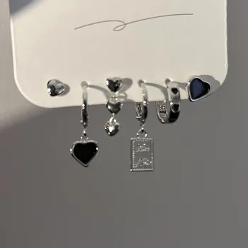 Gümüş Renk Metal Püskül Zincir Aşk Kalp Küpe Düzensiz Geometrik Kiraz Hoop Küpe Kadınlar için Hediyeler Takı 6 adet Set