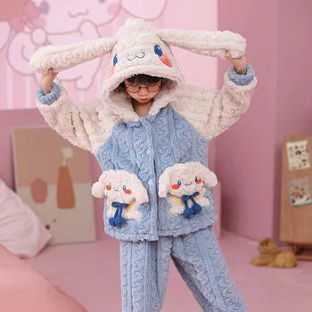 Kawaii Sanrio Çocuk Karikatür Peluş Pijama Takım Cinnamoroll Sevimli Kız Anime Kış Kalın Ev Giysileri noel hediyesi