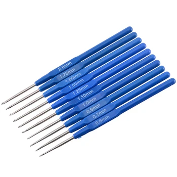 10 adet Mavi Metal Örme İğneler Uzunluğu 14mm Kanca Boyutu 0.6-2mm Tığ Hooks Araçları Kiti İle Ergonomik Sapları