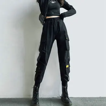 Kadın Kargo Pantolon Siyah Şerit Cep Jogger Elastik Bel Yüksek Streetwear Harajuku Pantolon Punk Kadın Pantolon harem pantolon