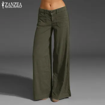 Düğme Ön Yaz Pantolon 2022 ZANZEA Moda kadın Geniş Bacak Pantolon Kaftan Katı Şalgam Rahat Şalgam Pantalon