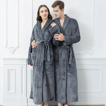 Sonbahar Ve Kış Flanel Elbise Uzun Paragraf Büyük Metre Kalınlaşmış Erkekler Ve Kadınlar Çiftler Pijama Aynı Bornoz Sprin