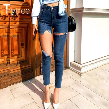 Trytree 2020 Sonbahar Kadın günlük kot Yüksek Bel Moda Delik Düğmesi Sinek Cepler kalem pantolon Yüksek Sokak Kadın Skinny Jeans