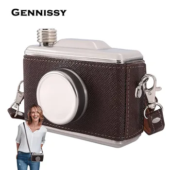 GENNISSY 11 OZ Kamera Cep Şişesi Paslanmaz Çelik Taşınabilir Viski Rom Kamera Cep Şişesi Taşıma Şişesi Alkol Huni İle Hediye
