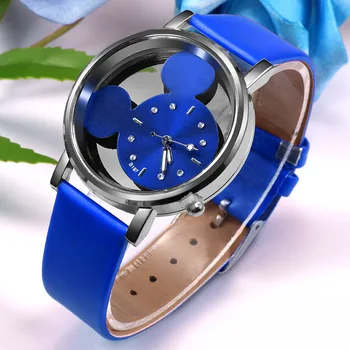 Moda Sevimli Bayanlar Saatler Kadınlar Şeffaf Saatler Mavi Deri Band Kuvars Saatı Hediyeler Relogio Feminino Reloj Mujer