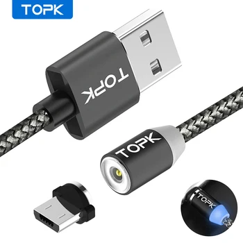 TOPK mikro USB Kablosu, LED Manyetik Yükseltilmiş Yansıtıcı Naylon Örgülü USB şarj aleti kablosu Samsung HTC Xiaomi için