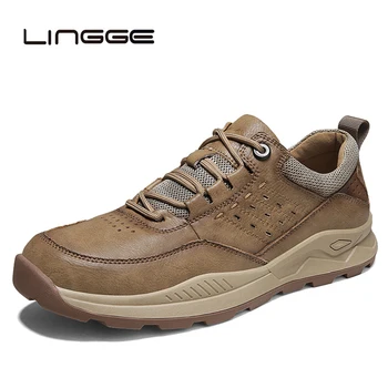 LINGGE erkek ayakkabısı Moda Hakiki deri makosenler Nefes Sonbahar Lace Up Rahat Rahat Açık Ayakkabı Erkekler yürüyüş ayakkabısı
