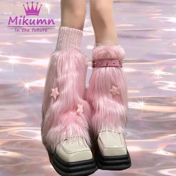 Harajuku Pembe Kürklü bacak ısıtıcısı Çorap Y2k Punk Sevimli Yıldız Perçin Toka Şık Bacak Çorap Kadın Kızlar Kış sıcak bot kılıfı Streetwear