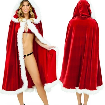 60-90-120-150cm Kırmızı Kadife Kapüşonlu Pelerin Pelerin Seksi Santa Cosplay Noel Kostümleri Kadın Karnaval Parti Clubwear