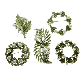 Zarif Retro Yeşil Bitki Yaprak Metal Pin Broş İnci Çiçek Yaka Broş Kadın Aksesuarları Takı İçin
